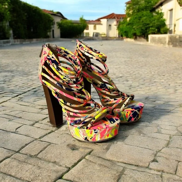 Colorful Strappy Graffiti Platform Chunky Block High Heel Sandals Sz 7 - Picture 2 of 5